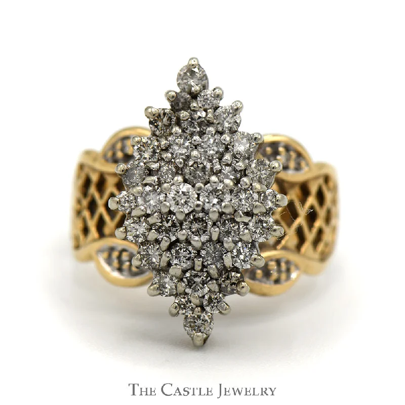 ladies rings with white sapphire -1/2cttw Marquise Shaped Diamond Cluster Ring with Lattice Designed Sides in 10k Yellow Gold