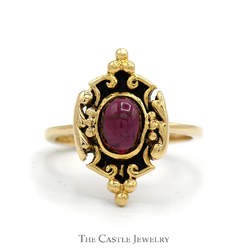 ladies rings affordable price -Oval Cabochon Garnet Ring in 14k Yellow Gold Ornate Shield Designed Mounting