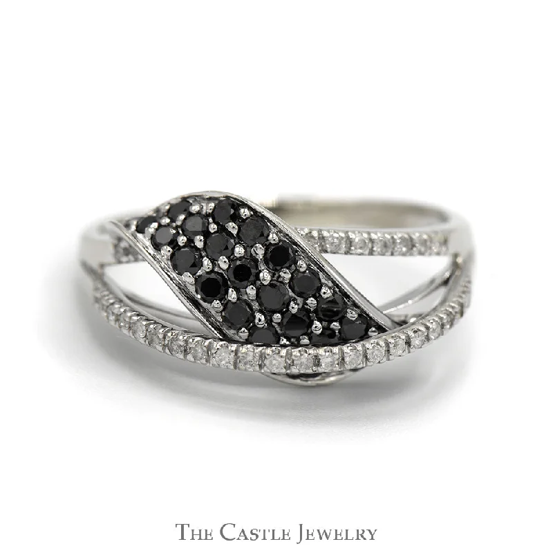 ladies rings for trendy women -Black Diamond Cluster Ring with Diamond Accented Open Free Form Design in 10k White Gold