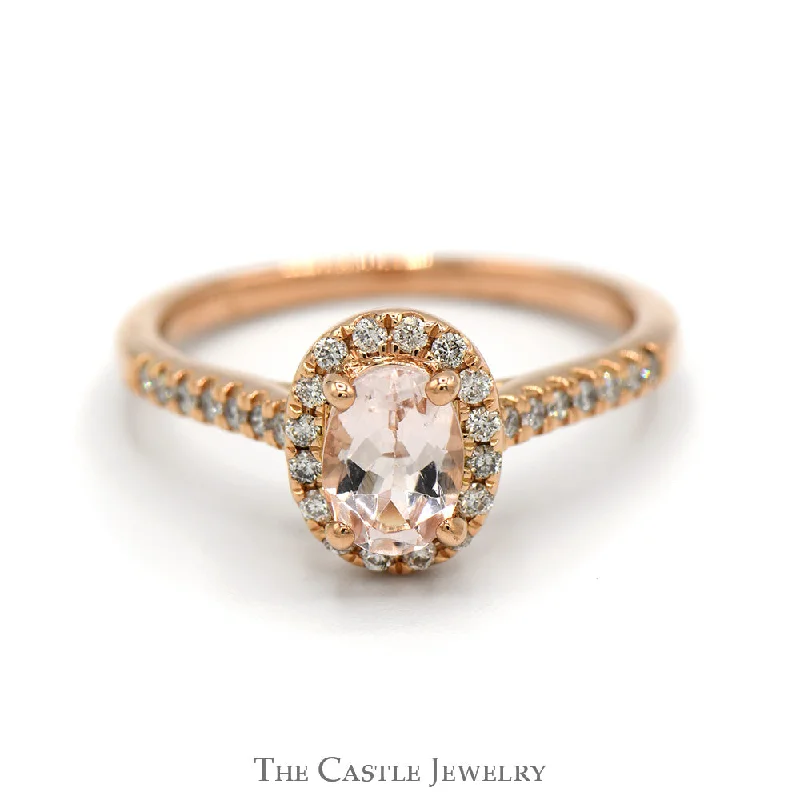 ladies rings with sapphire -Oval Morganite Ring with Diamond Halo and Accented Sides in 14k Rose Gold