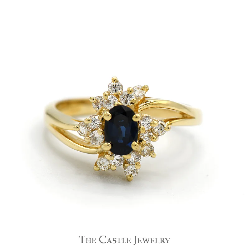 ladies rings adjustable size -Oval Sapphire Ring with Starburst Designed Diamond Halo in 14k Yellow Gold