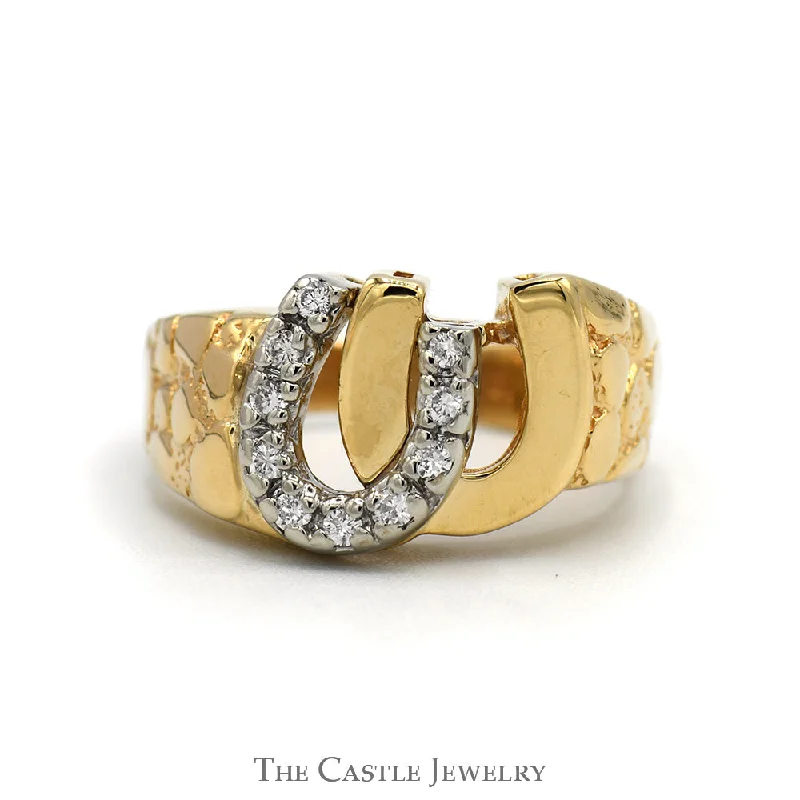 ladies rings with birthstone -Double Horseshoe Ring with Diamond Accents and Nugget Designed Sides in 14k Yellow Gold