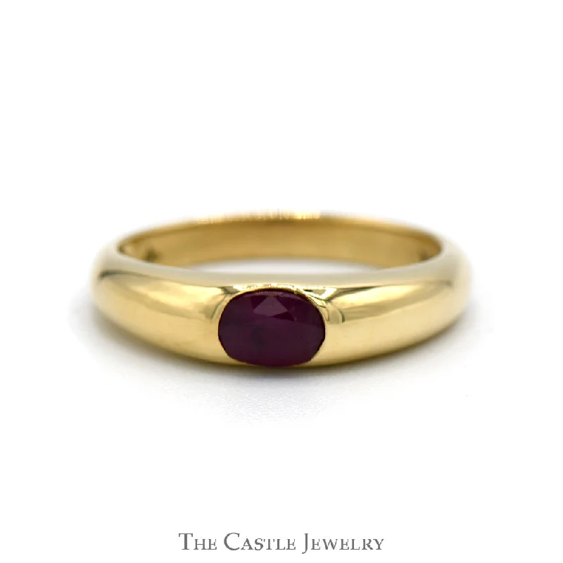 ladies rings with pink sapphire -Bezel Set Oval Ruby Solitaire Ring in Polished 14k Yellow Gold