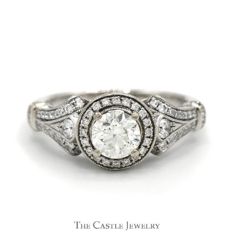 ladies rings for daily wear -Gabriel & Co. 1.17cttw Round Diamond Engagement Ring with Diamond Halo & Accents in 14k White Gold