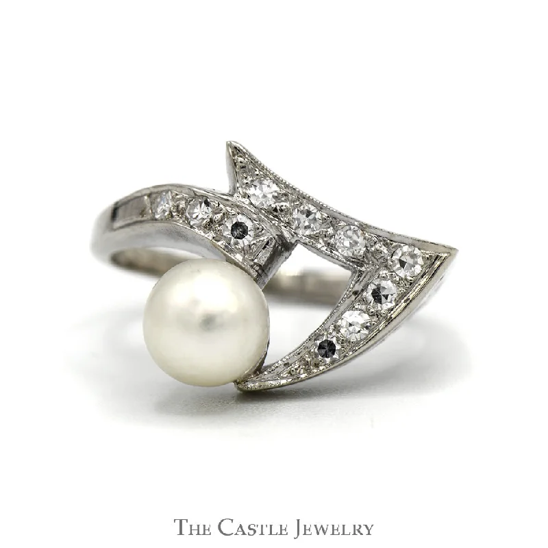 ladies rings for trendy women -Curved Open Freeform Pearl Ring with Diamond Accents in 14k White Gold