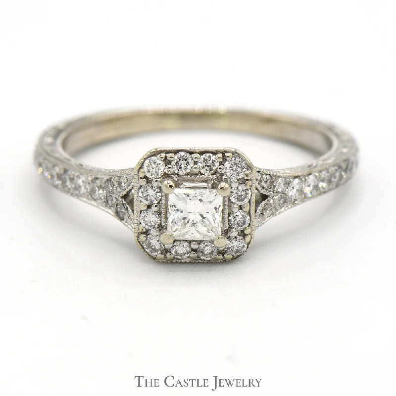 ladies rings for trendy women -1/2cttw Princess Cut Diamond Engagement Ring with Halo and Accents in 10k White Gold