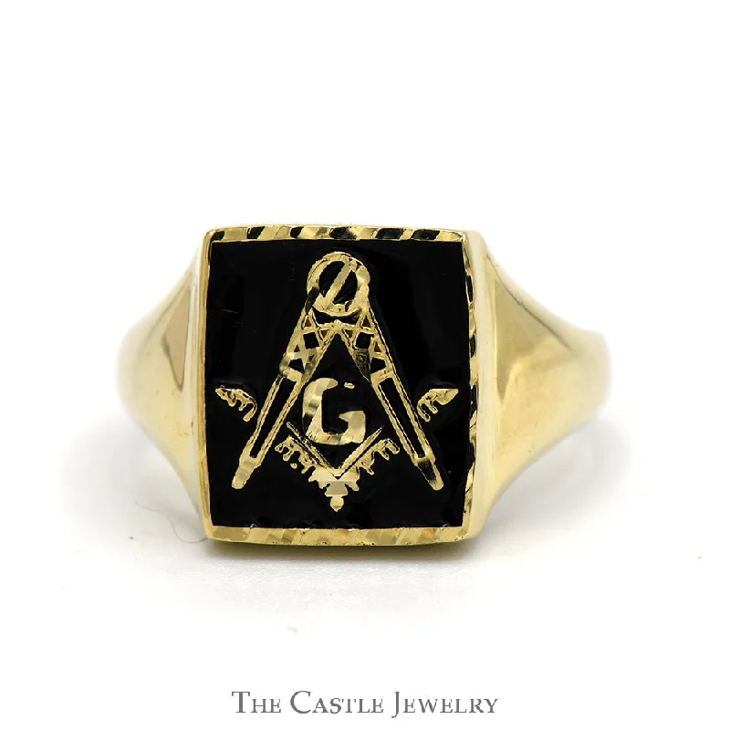 ladies rings with red ruby -Black Enamel Masonic Square & Compass Signet Ring in 10k Yellow Gold