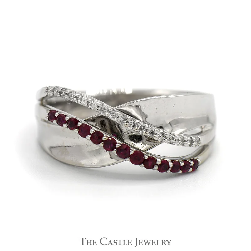 ladies rings art deco -Ruby & Diamond Curved Crossover Designed Ring in 14k White Gold