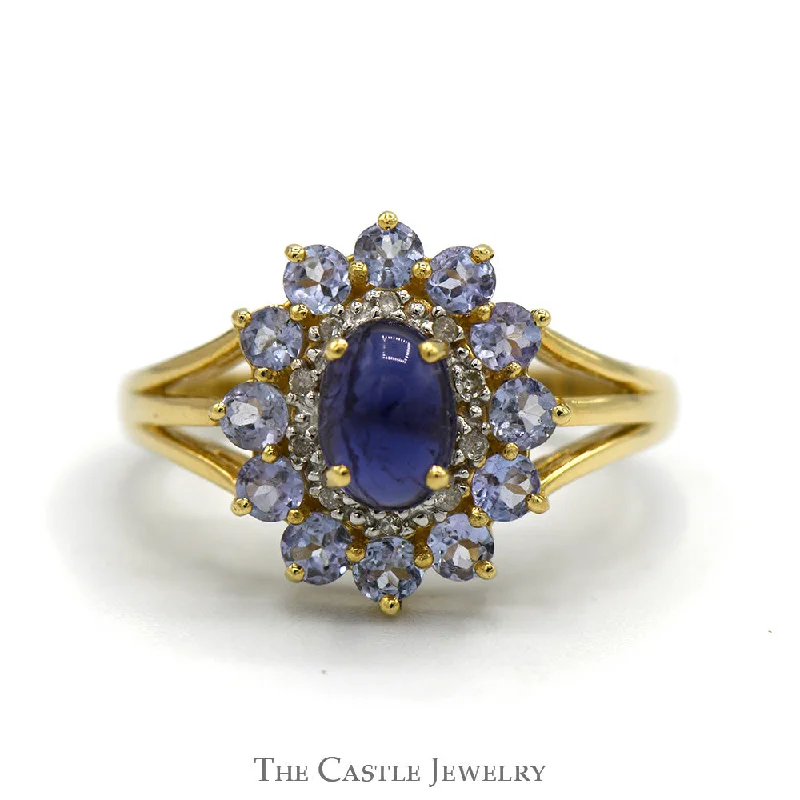 ladies rings romantic design -Oval Cabochon Tanzanite Ring with Round Tanzanite and Illusion Set Diamond Halo in 10k Yellow Gold