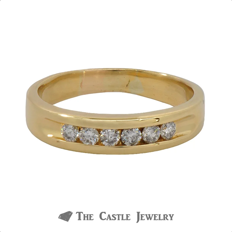 ladies rings for proposal -Gent's Channel-Set Round Brilliant Cut Diamond Wedding Band .35cttw In 18K Yellow Gold