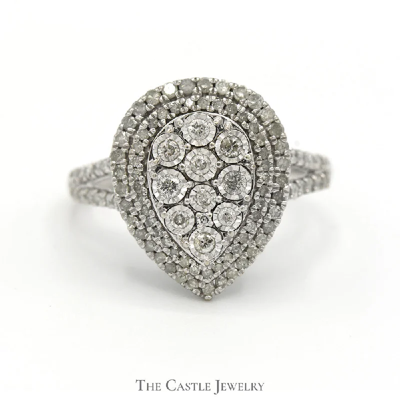 ladies rings dainty look -1cttw Pear Shaped Diamond Cluster Ring with Double Halo and Accents in 10k White Gold