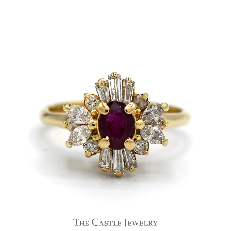 ladies rings dainty look -Oval Ruby Ring with Marquise & Baguette Cut Diamond Halo in 14k Yellow Gold