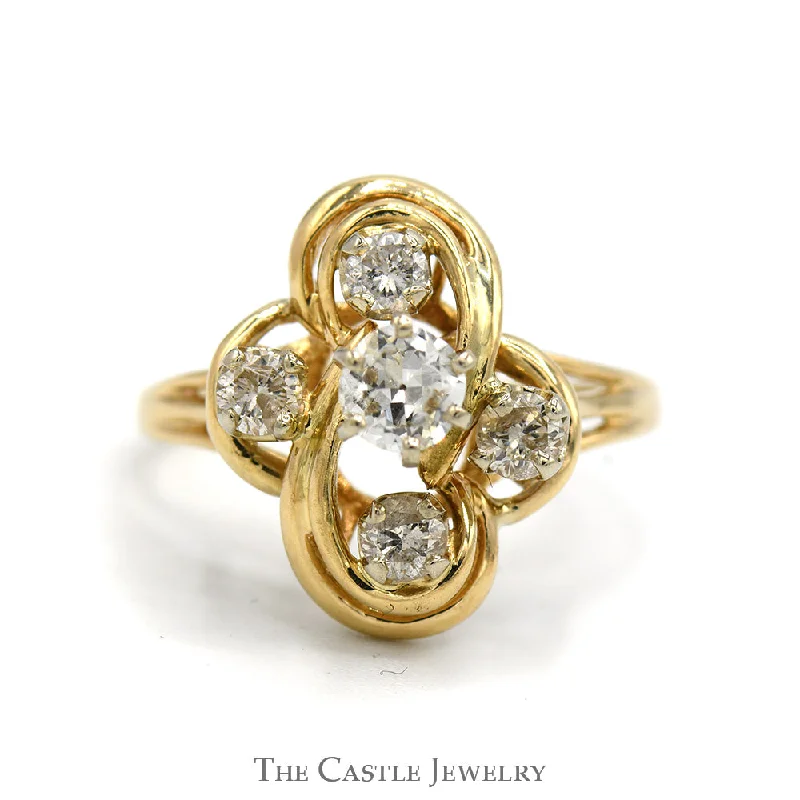 ladies rings with yellow citrine -Swirled Freeform 3/4cttw Round Diamond Cluster Ring in 10k Yellow Gold