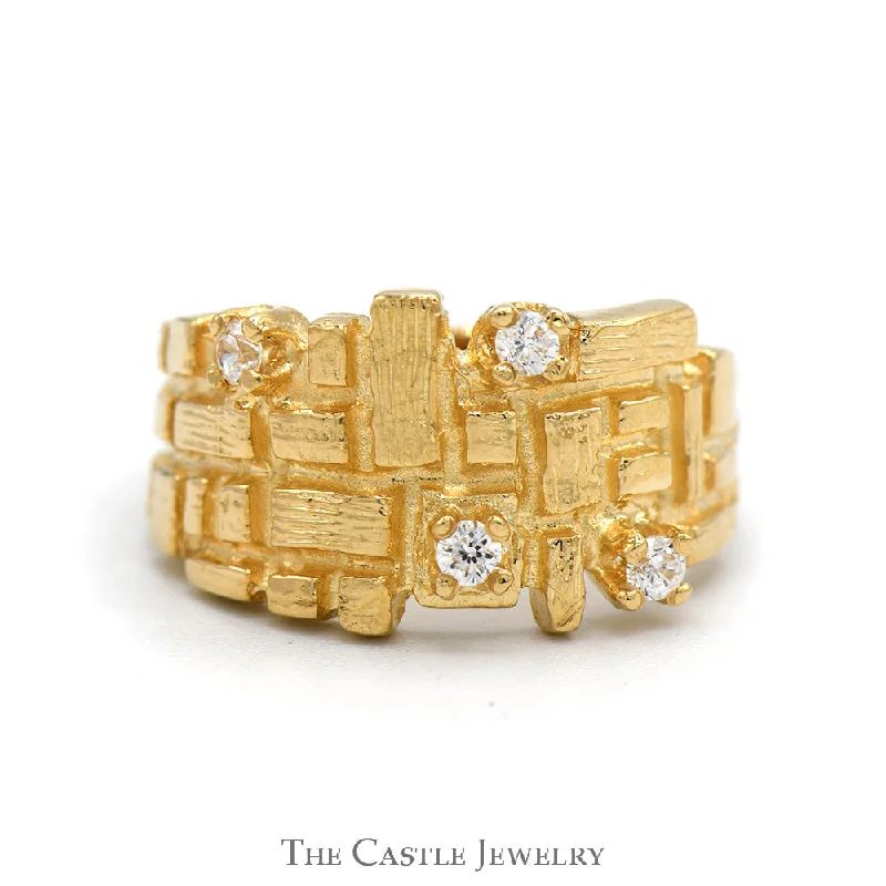 ladies rings white gold -Aztec Inspired Textured Grid Ring with Diamond Accents in 14k Yellow Gold