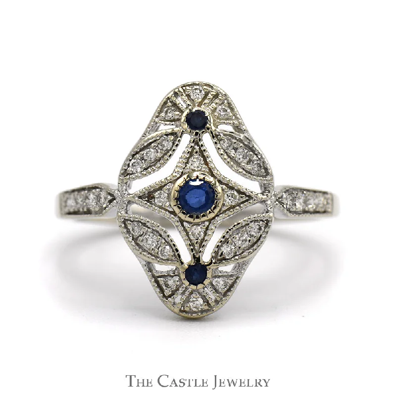 ladies rings with gemstone -Antique Style Sapphire & Diamond Cluster Open Shield Ring in 14k White Gold