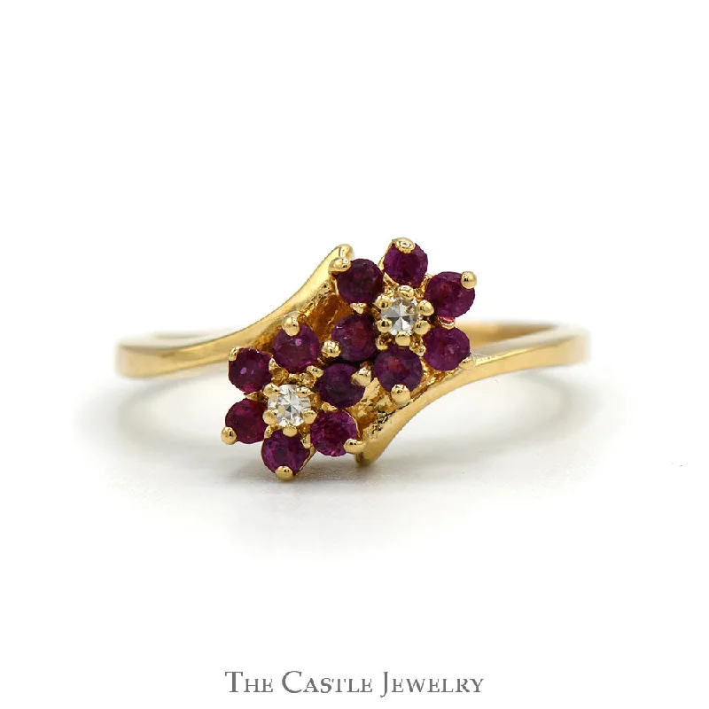 ladies rings with sapphire -Double Ruby Flower Cluster Ring with Diamond Accents in 10k Yellow Gold