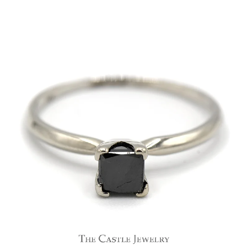 ladies rings boho chic -3/4ct Princess Cut Black Diamond Engagement Ring in 14k White Gold Tiffany Mounting