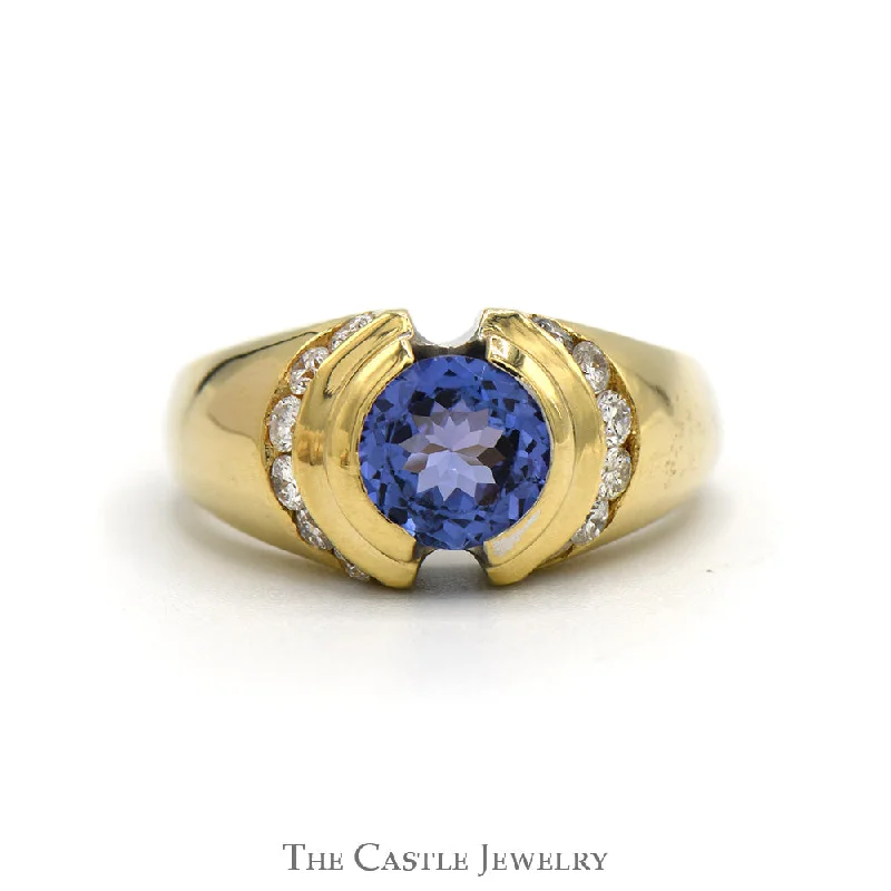 ladies rings stylish modern -Round Bezel Set Tanzanite Ring with Channel Set Diamond Sides in 14k Yellow Gold