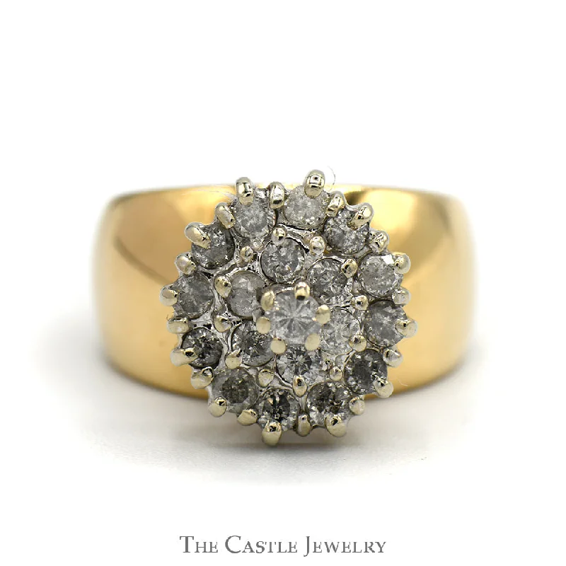 ladies rings white gold -3/4cttw Round Diamond Cluster Ring with Wide Polished Sides in 10k Yellow Gold