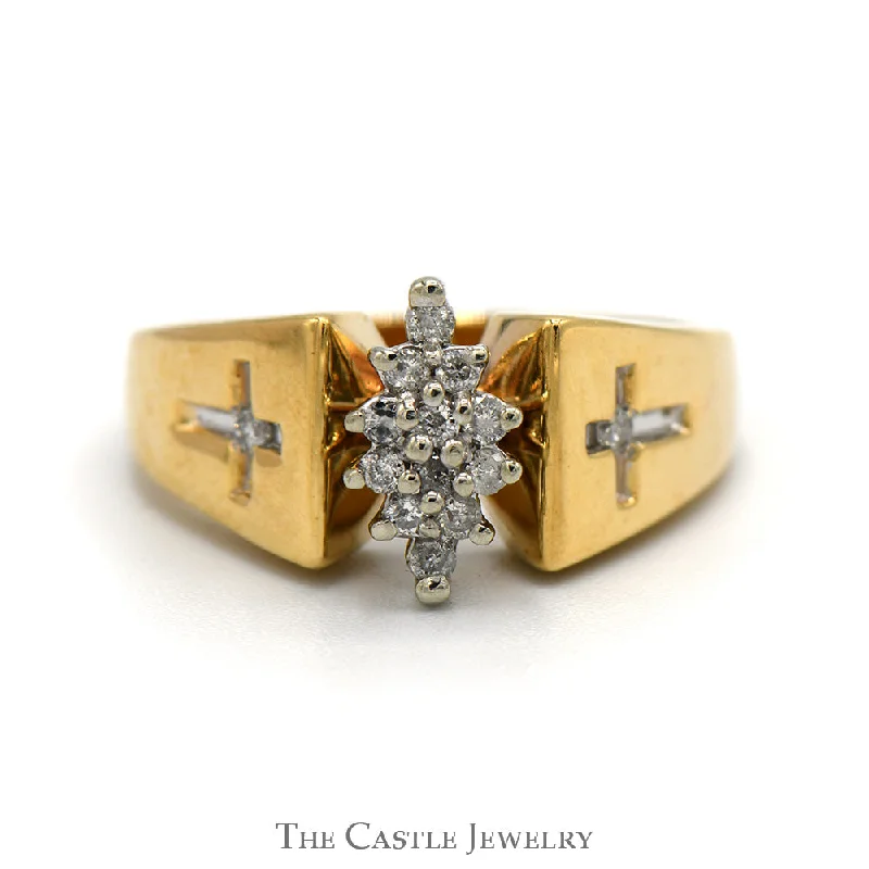 ladies rings trendy 2025 -Marquise Shaped Diamond Cluster Ring with Cross Designed Sides in 10k Yellow Gold