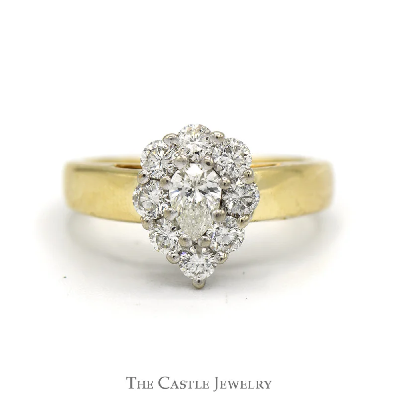 ladies rings with zircon -1cttw Pear Cut Diamond Ring with Diamond Halo in 14k Yellow Gold Cathedral Mounting