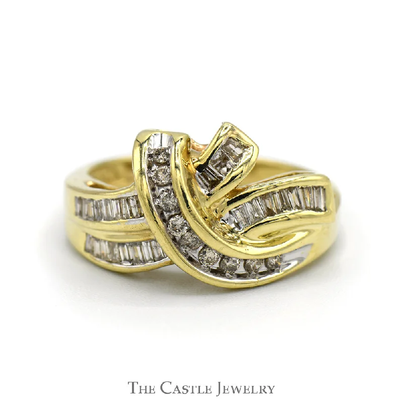 ladies rings layered style -1/2cttw Baguette & Round Diamond Swirled Cluster Ring in 10k Yellow Gold