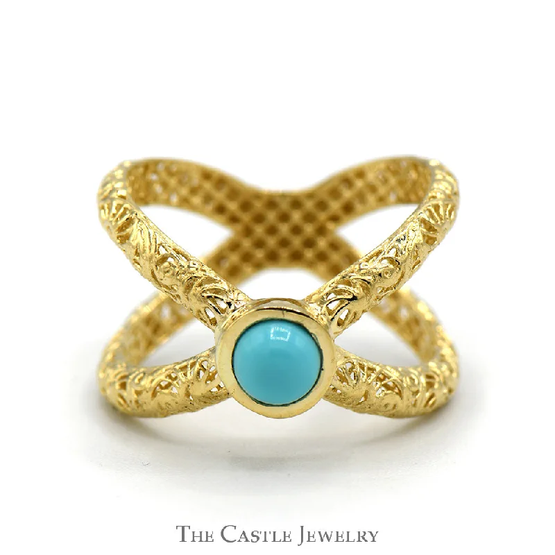 ladies rings for office wear -"X" Designed Ring with Turquoise Accent in 14k Yellow Gold