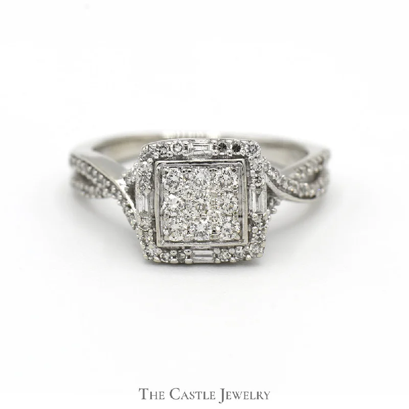 ladies rings personalized name -Square Shaped Diamond Cluster Ring with Diamond Accented Twisted Sides in 10k White Gold