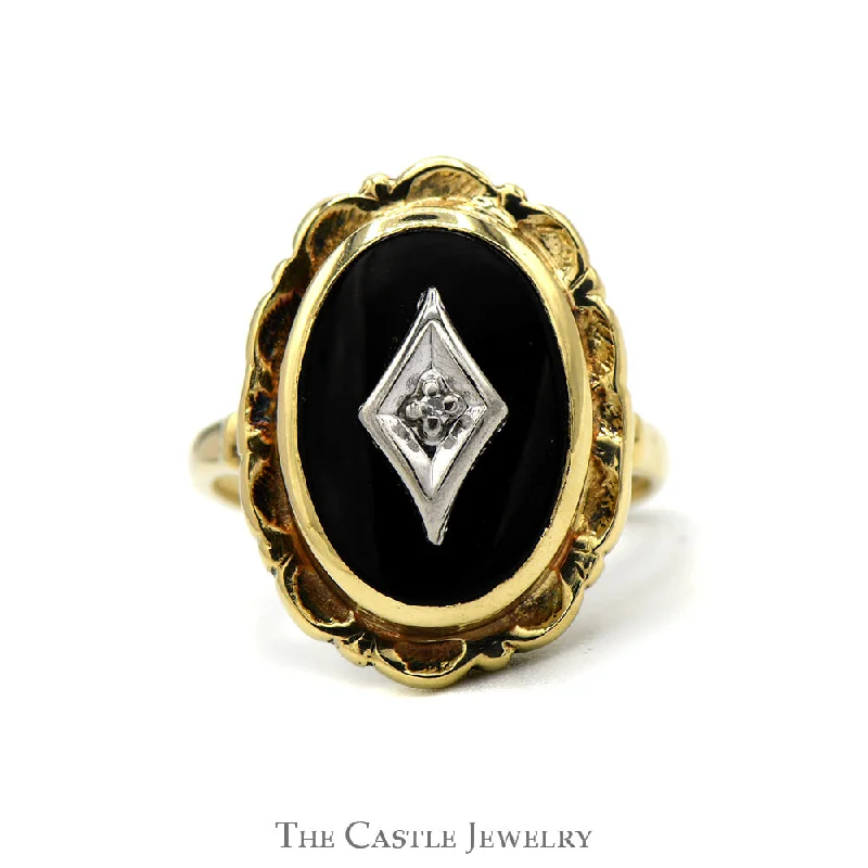 ladies rings stylish modern -Oval Black Onyx Shield Ring with Diamond Accent and Scalloped Bezel in 10k Yellow Gold