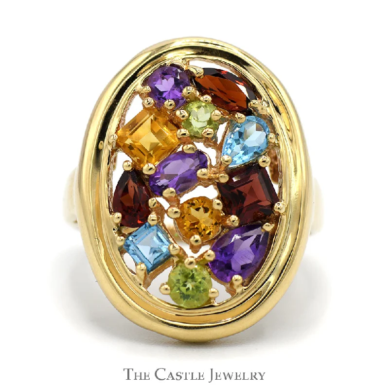 ladies rings for casual wear -Oval Shaped Multi-Gemstone Cluster Ring in 10k Yellow Gold