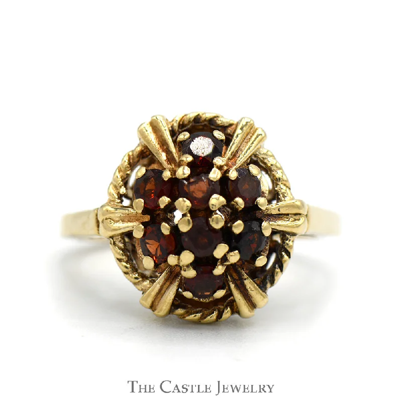 ladies rings with engraving -Garnet Cluster Ring with Rope Designed Bezel in 10k Yellow Gold