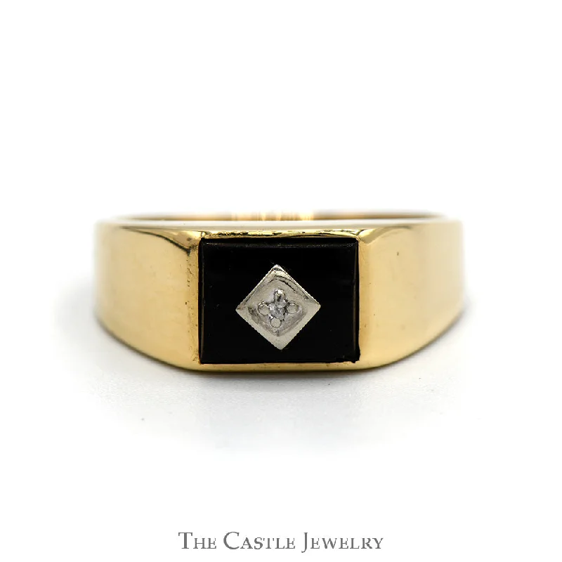 ladies rings with white pearls -Rectangular Black Onyx Men's Ring with Diamond Accent in 10k Yellow Gold