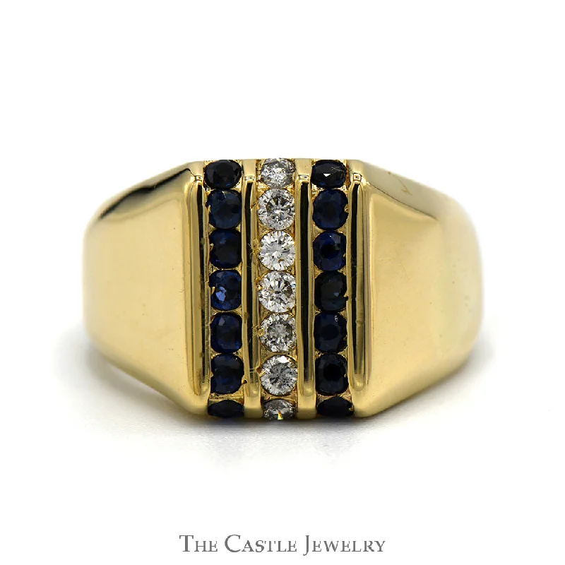 ladies rings with black diamond -Vertically Set Sapphire & 1/4cttw Diamond Cluster Ring in 14k Yellow Gold