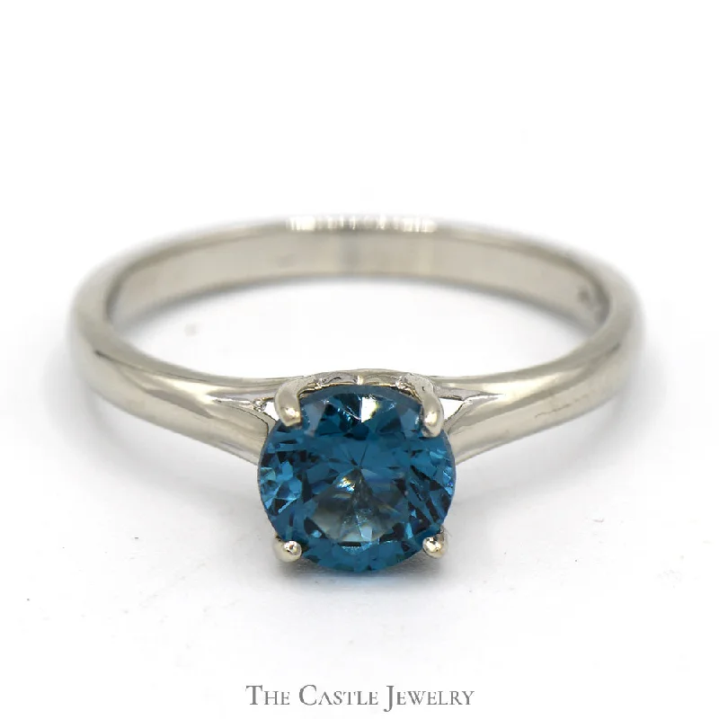 ladies rings stackable set -Round Blue Topaz Solitaire Engagement Ring in 14k White Gold