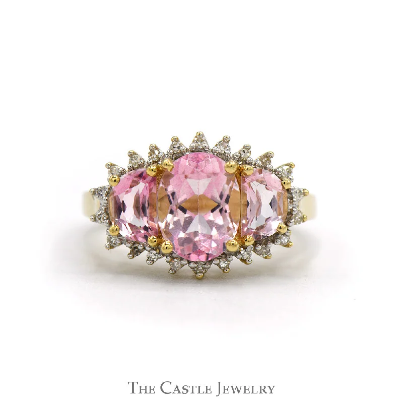 ladies rings for proposal -Three Stone Oval Pink Topaz Ring with Diamond Edges in 14k Yellow Gold