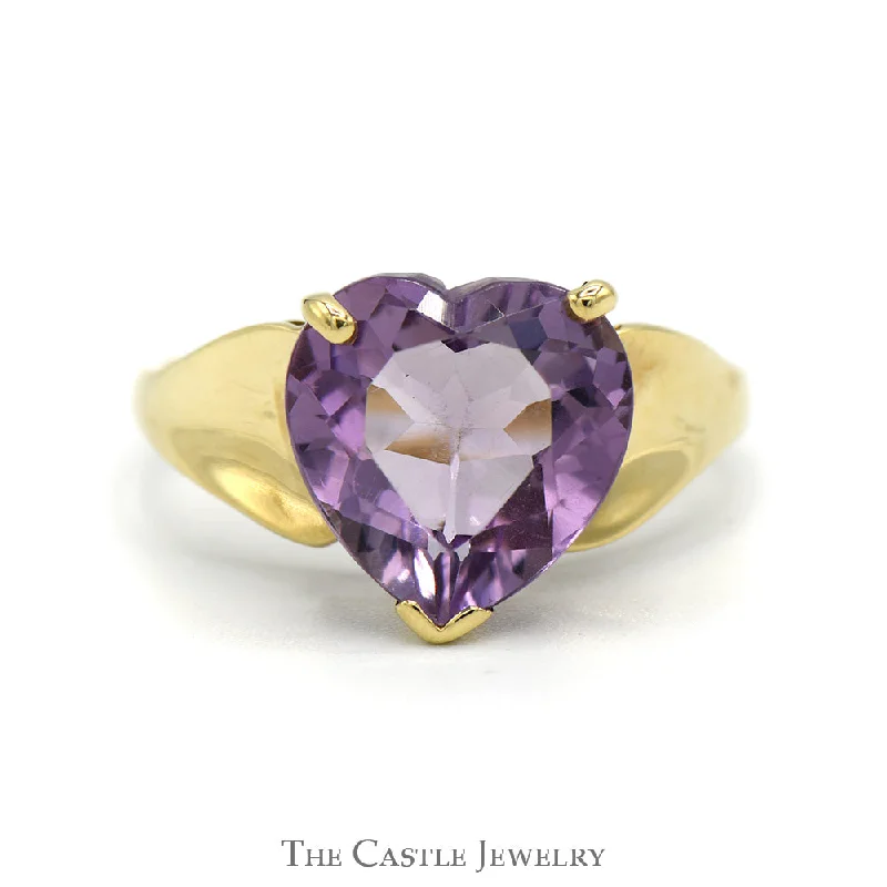 ladies rings silver design -Heart Shaped Amethyst Solitaire Ring in 10k Yellow Gold Tapered Setting