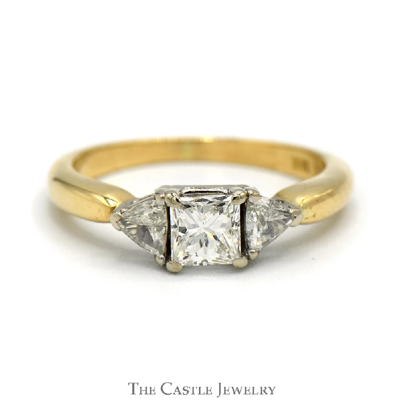 ladies rings stackable set -3/4cttw Princess Cut Diamond Engagement Ring with Trillion Cut Diamond Accents in 14k Yellow Gold