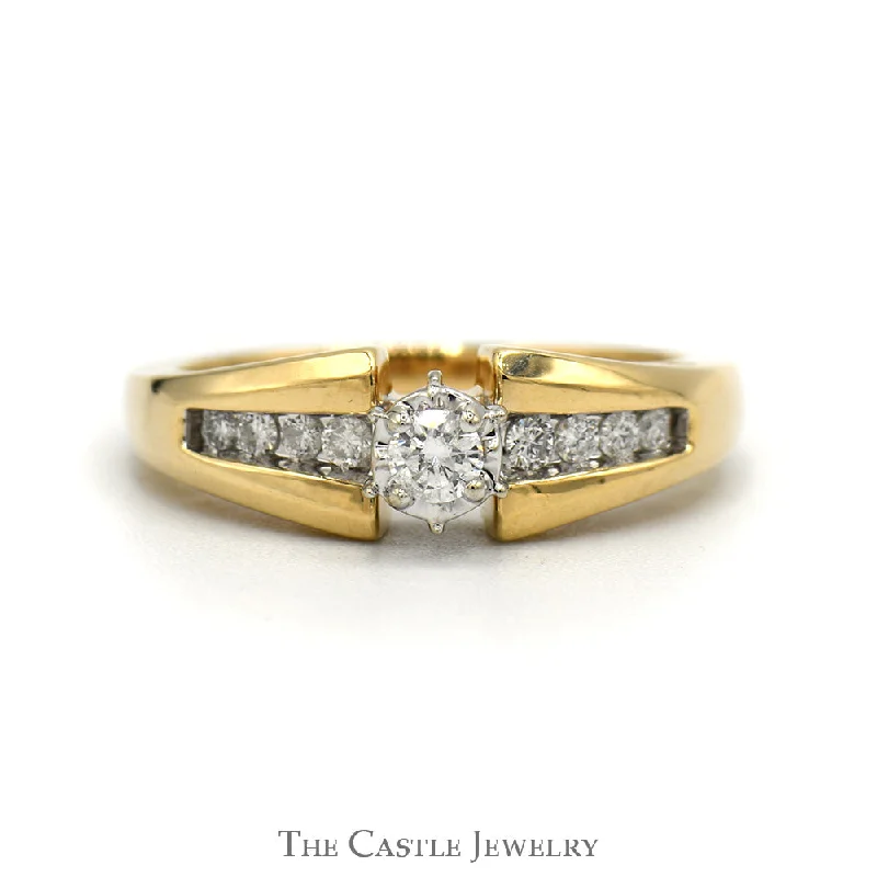 ladies rings lightweight feel -1/4cttw Diamond Solitaire Engagement Ring with Diamond Accented Sides in 14k Yellow Gold