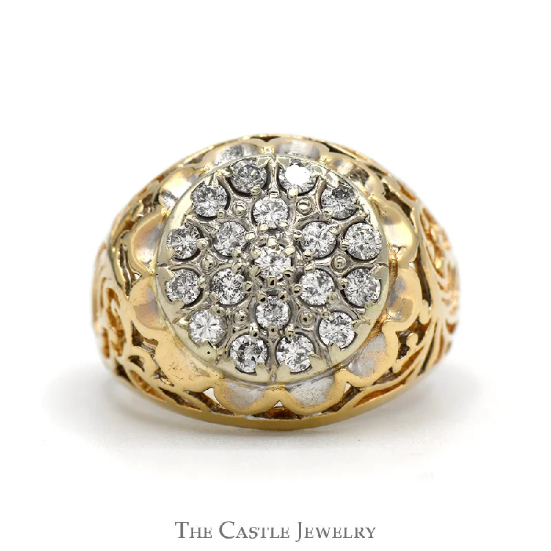 ladies rings hypoallergenic metal -3/4cttw Kentucky Diamond Cluster Ring with Open Filigree Sides in 10k Yellow Gold