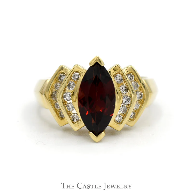 ladies rings stylish modern -Marquise Shaped Garnet Solitaire Ring with Diamond Accents in 14k Yellow Gold