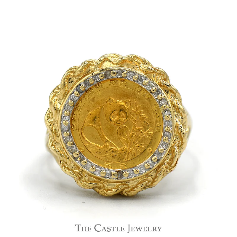 ladies rings adjustable size -1988 Panda Coin Ring with Diamond Halo in 10k Yellow Gold Rope Designed Bezel Setting