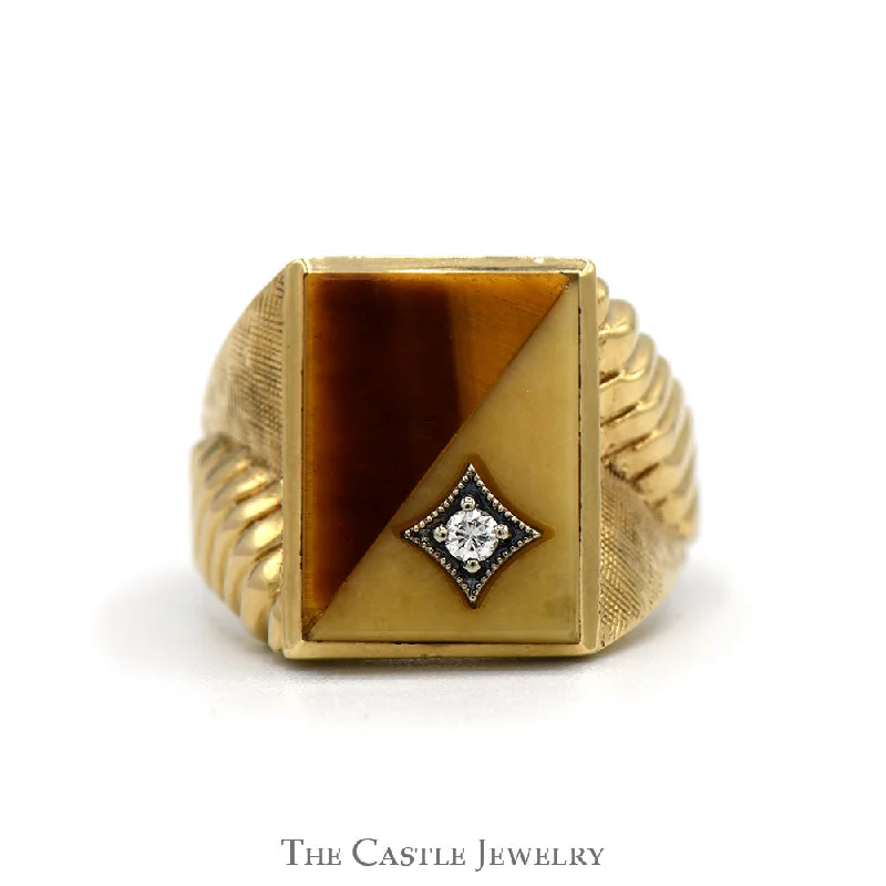 ladies rings with rainbow gems -Men's Tiger's Eye & White Onyx Signet Ring with Diamond Accent in 10k Yellow Gold