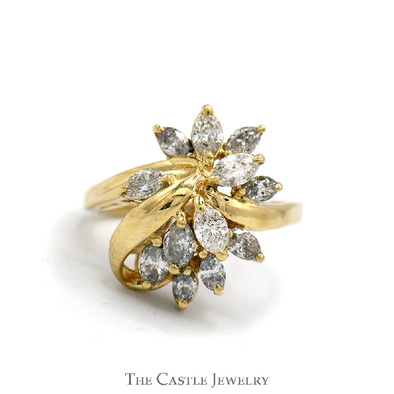 ladies rings heart shaped -Starburst Marquise Cut Diamond Cluster Ring in 14k Yellow Gold