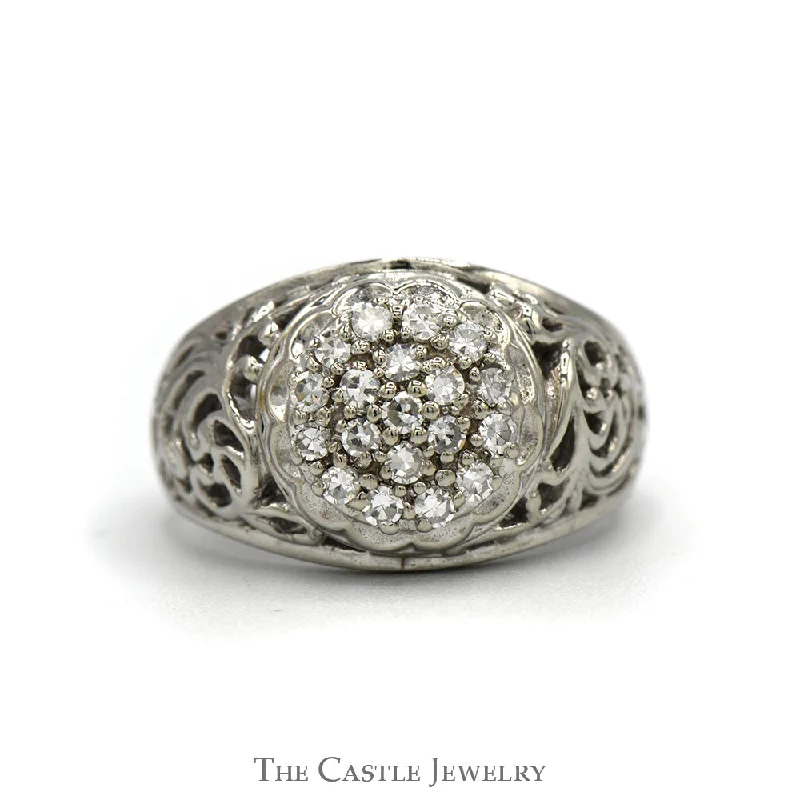 ladies rings boho chic -1/2cttw 19 Diamond Kentucky Cluster Ring with Open Filigree Sides in 10k White Gold