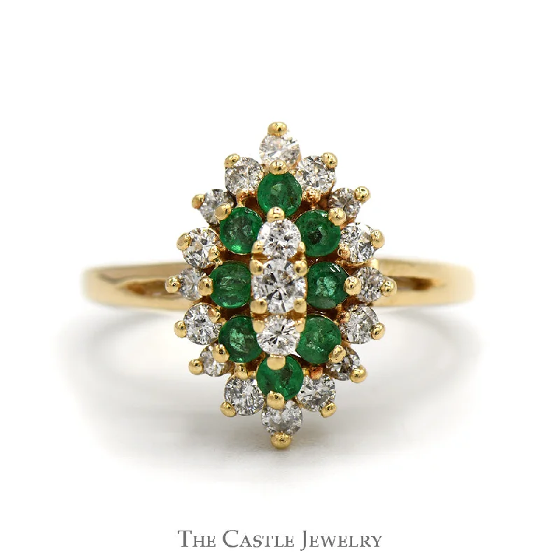 ladies rings for gift ideas -Marquise Shaped Emerald & Diamond Cluster Ring in 14k Yellow Gold