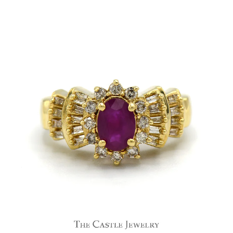 ladies rings for special occasion -Oval Ruby Ring with Diamond Halo and Baguette Cut Accented Sides in 14k Yellow Gold