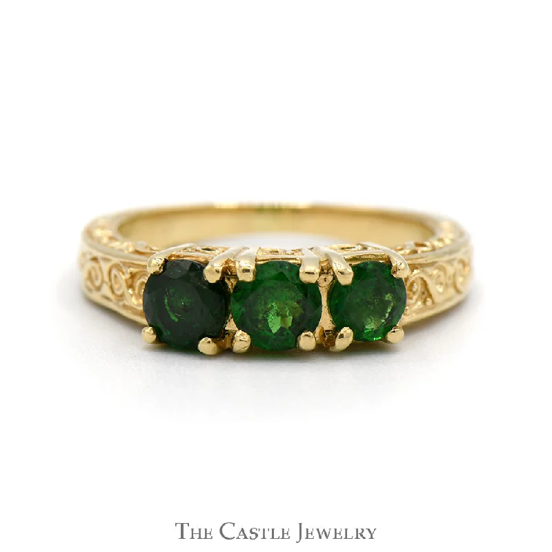 ladies rings floral pattern -Three Stone Round Emerald Ring with Scroll Designed Sides in 14k Yellow Gold