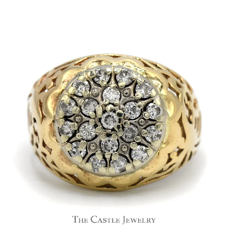 ladies rings dainty look -1cttw Kentucky Diamond Cluster Ring with Filigree Sides in 10k Yellow Gold