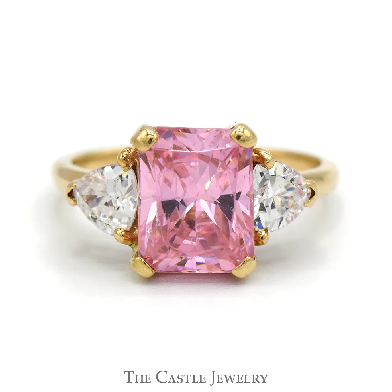 ladies rings with topaz -Emerald Cut Pink Ice Ring with Trillion Cut Cubic Zirconia Accents in 10k Yellow Gold