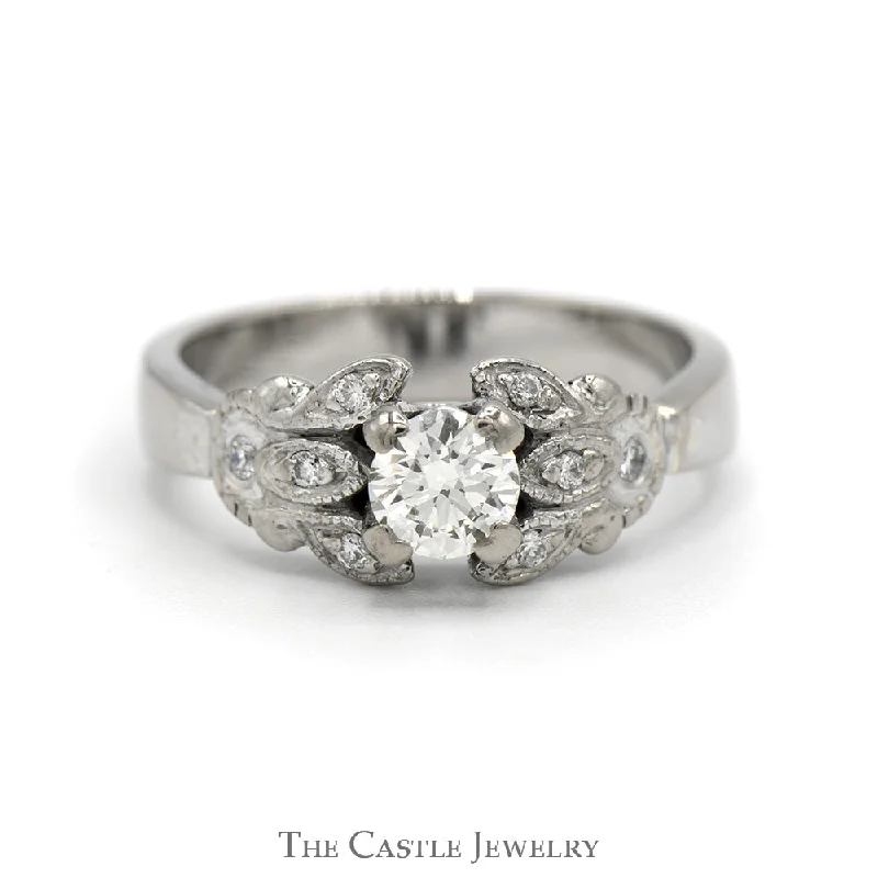 ladies rings romantic design -1/2ct Diamond Engagement Ring with Diamond Accented Floral Design in 10k White Gold